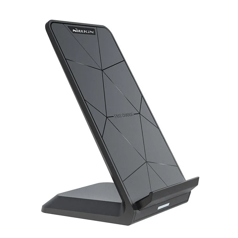 Black Vertical Pro Fast Wireless Charger upright with indicator light, 2000mA, 5V input, 122x73x83mm