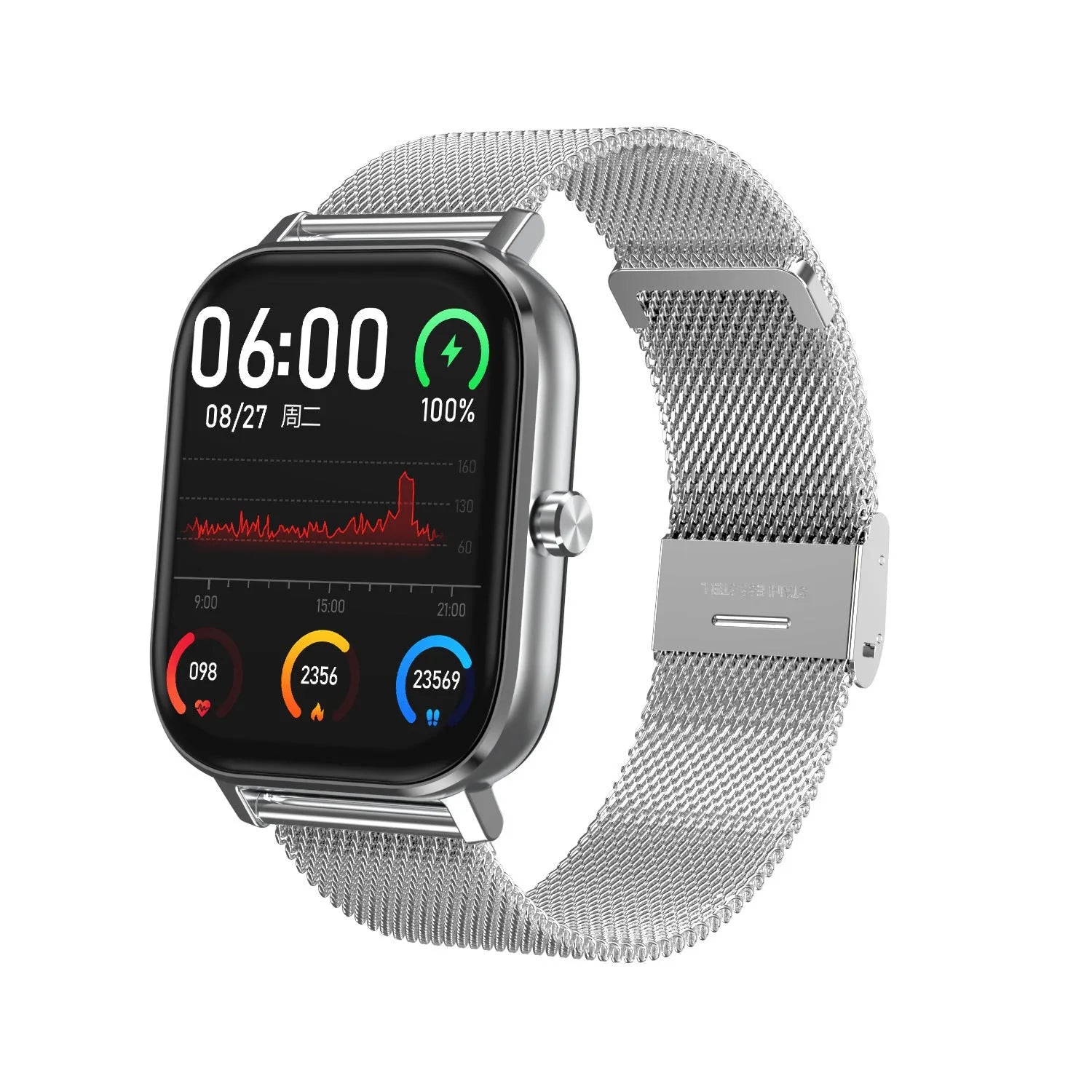 Smart health bracelet on wrist showing 1.54-inch screen displaying heart rate and ECG data