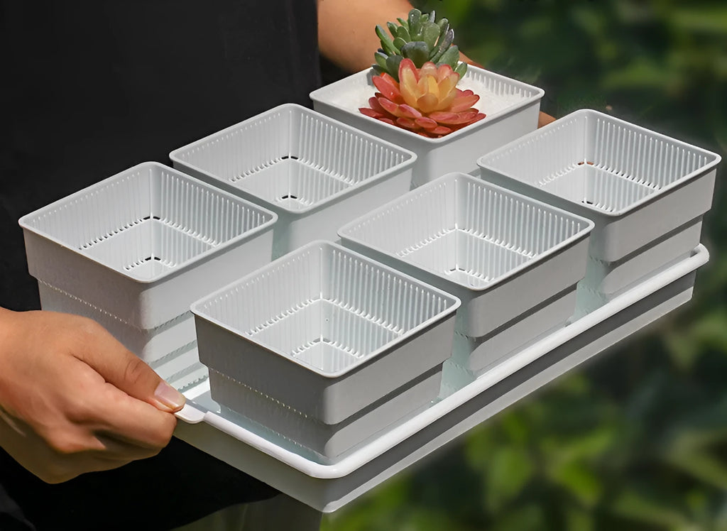 Meishi black and white resin flower pot set with tray for succulent and plant growing