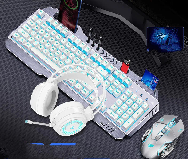 Mechanical keyboard mouse and earphone three-piece gaming set with light effects in metal black