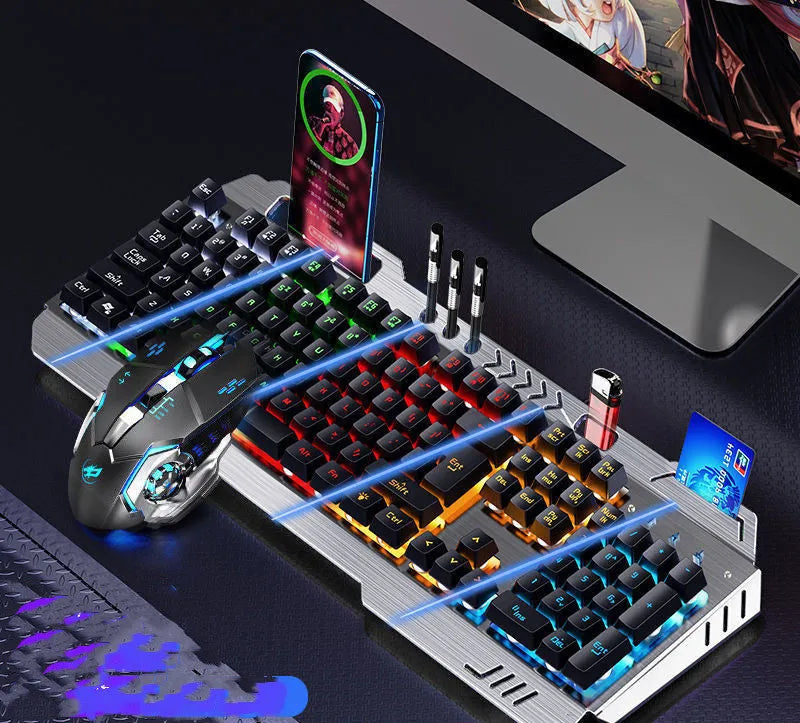 Mechanical keyboard mouse and earphone three-piece gaming set with light effects in metal black