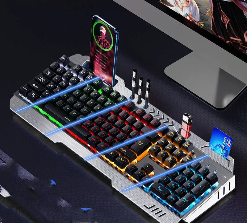 Mechanical keyboard mouse and earphone three-piece gaming set with light effects in metal black