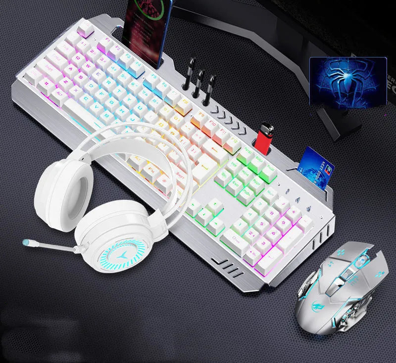 Mechanical keyboard mouse and earphone three-piece gaming set with light effects in metal black