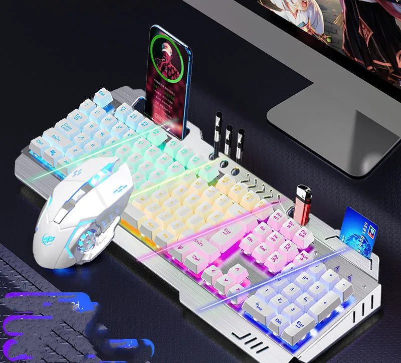 Mechanical keyboard mouse and earphone three-piece gaming set with light effects in metal black