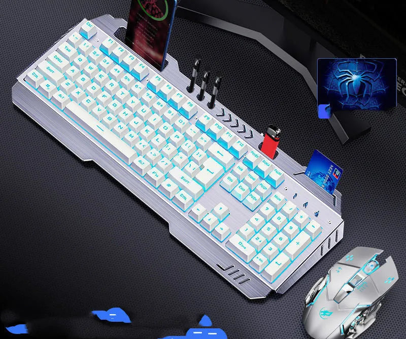Mechanical keyboard mouse and earphone three-piece gaming set with light effects in metal black