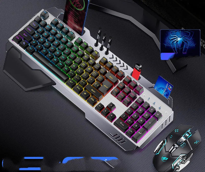 Mechanical keyboard mouse and earphone three-piece gaming set with light effects in metal black
