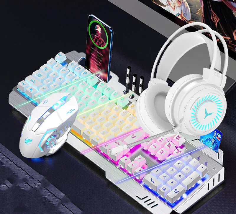 Mechanical keyboard mouse and earphone three-piece gaming set with light effects in metal black