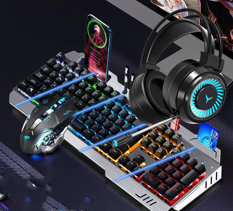 Mechanical keyboard mouse and earphone three-piece gaming set with light effects in metal black