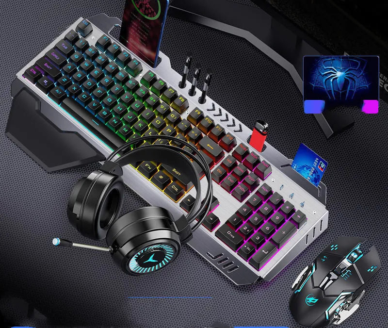 Mechanical keyboard mouse and earphone three-piece gaming set with light effects in metal black