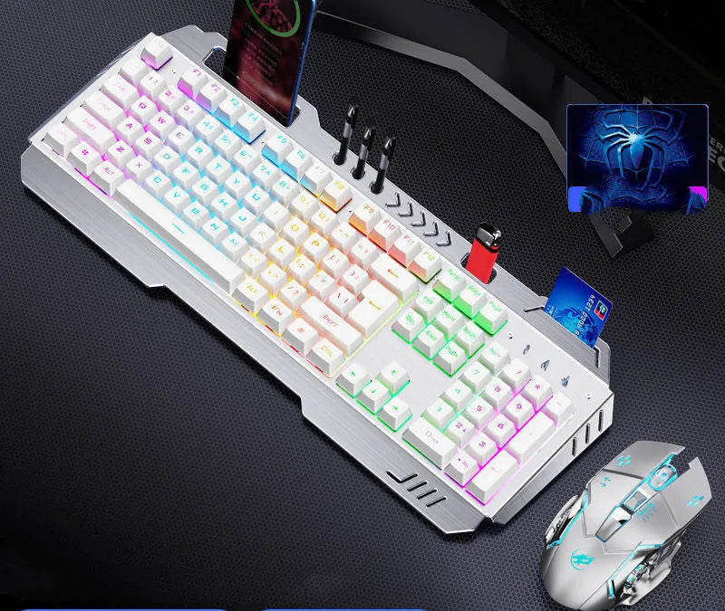 Mechanical keyboard mouse and earphone three-piece gaming set with light effects in metal black