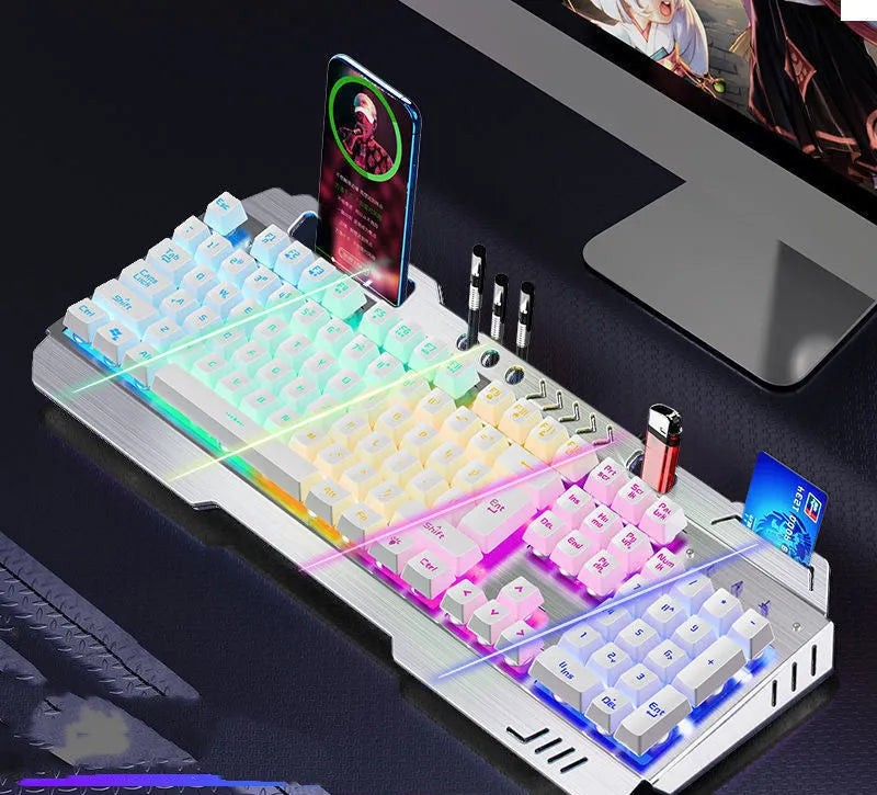 Mechanical keyboard mouse and earphone three-piece gaming set with light effects in metal black