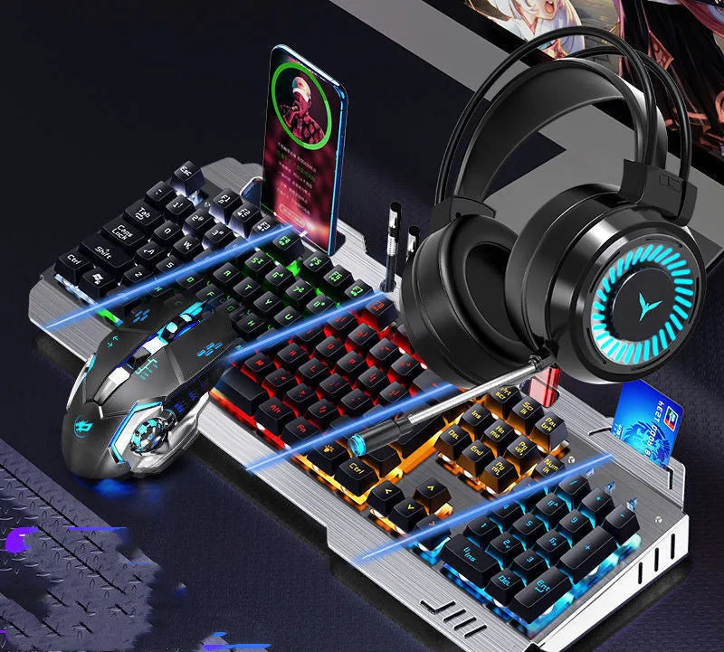 Mechanical keyboard mouse and earphone three-piece gaming set with light effects in metal black