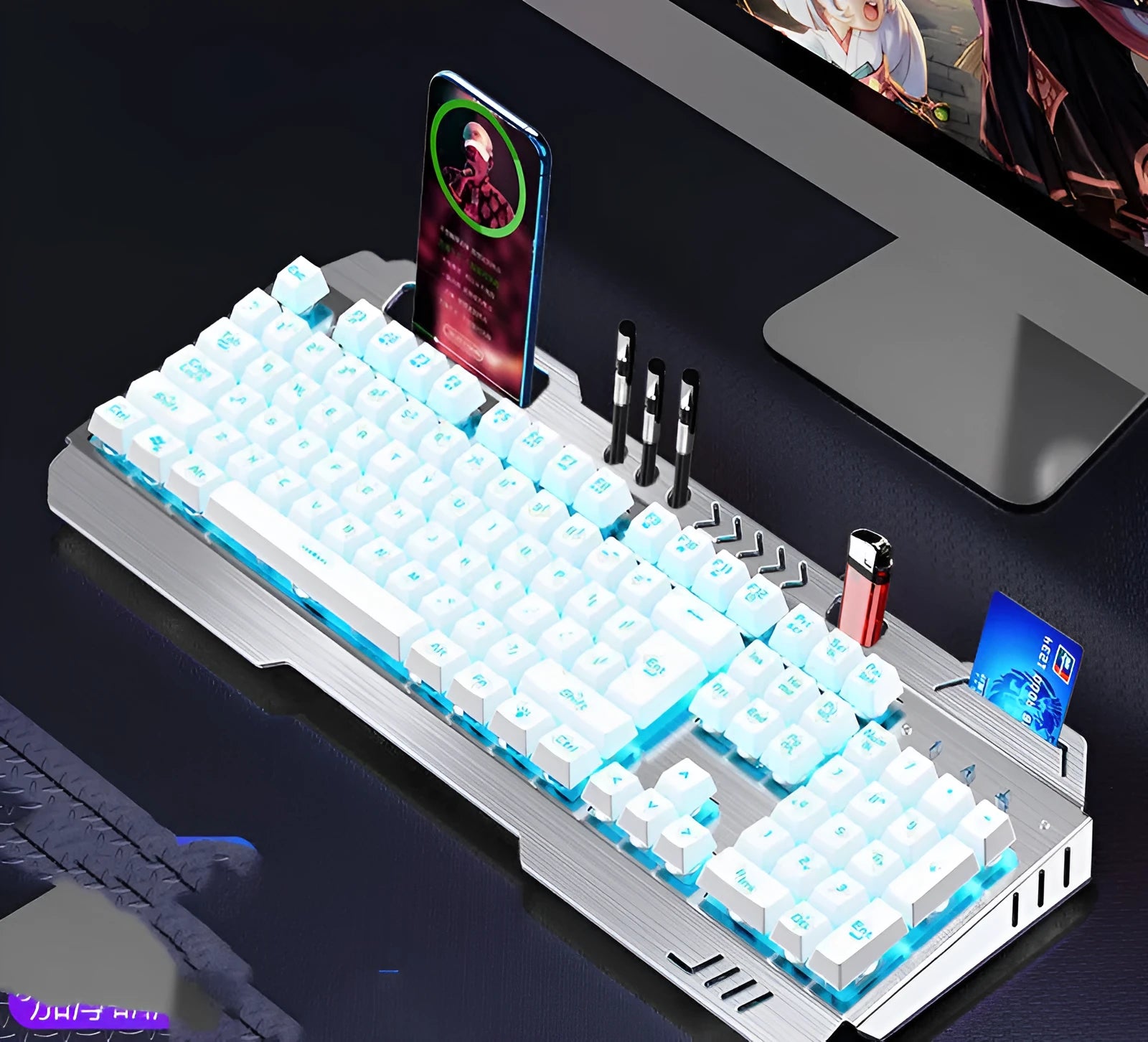 Mechanical keyboard mouse and earphone three-piece gaming set with light effects in metal black