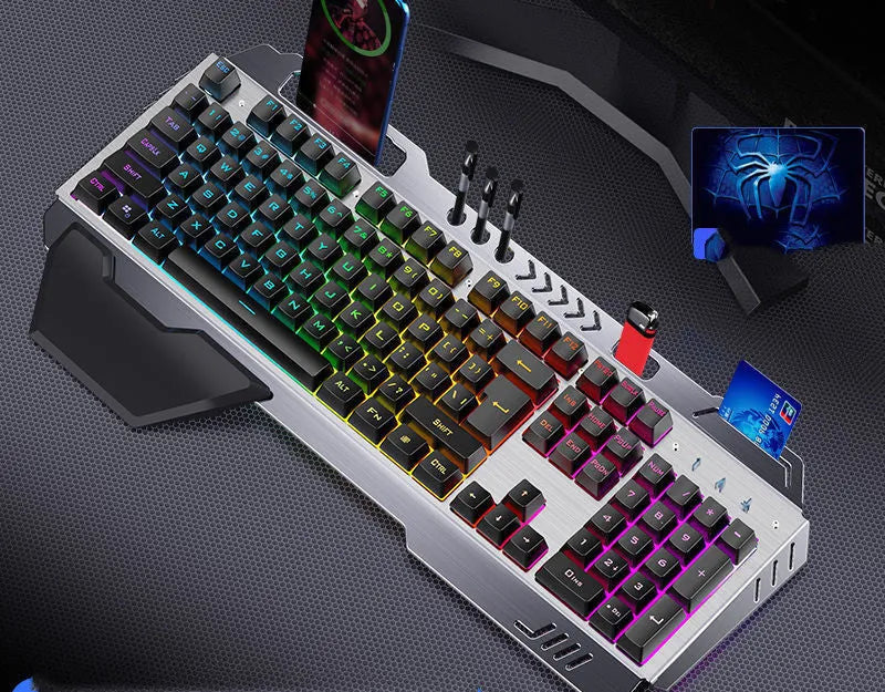 Mechanical keyboard mouse and earphone three-piece gaming set with light effects in metal black