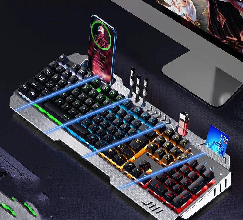 Mechanical keyboard mouse and earphone three-piece gaming set with light effects in metal black
