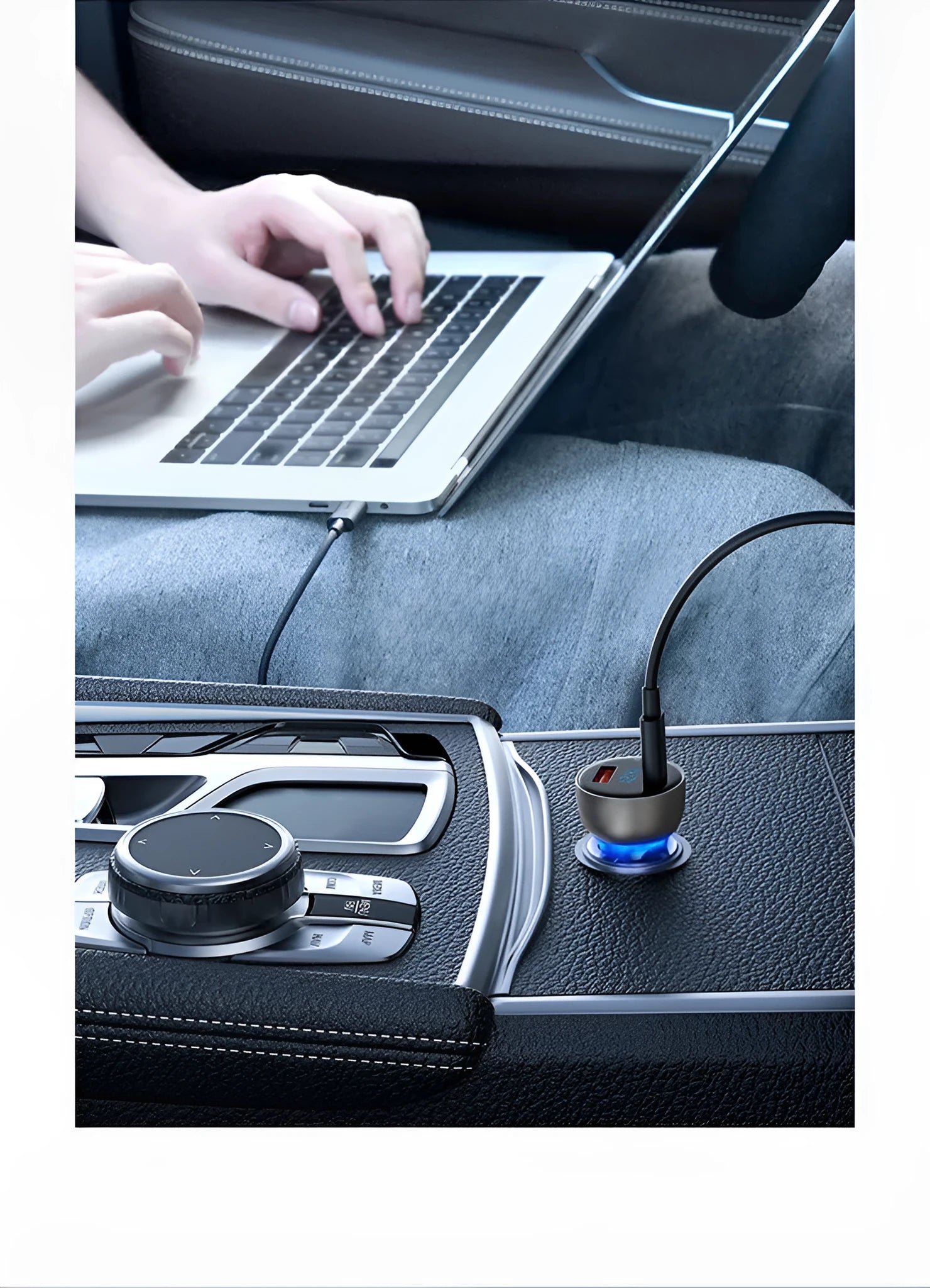 PD car charger with metal body, 50g weight, black colour option, on white background