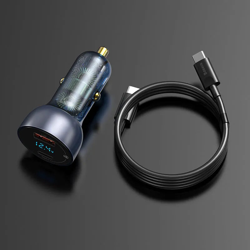 PD car charger with metal body, 50g weight, black colour option, on white background