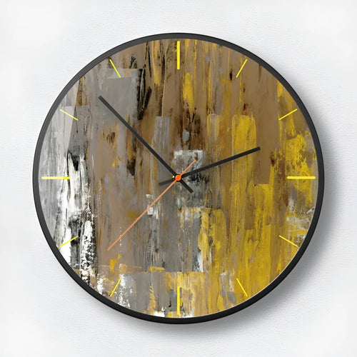 Round abstract art wall clock with metal frame in Mysterious Black, available in 12 inch and 14 inch sizes.