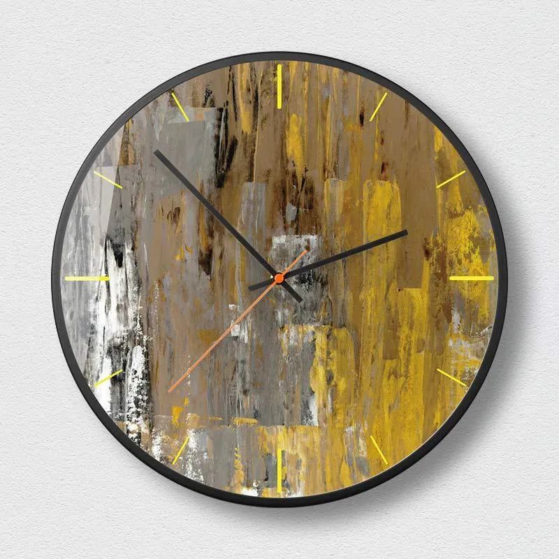 Round abstract art wall clock with metal frame in Mysterious Black, available in 12 inch and 14 inch sizes.