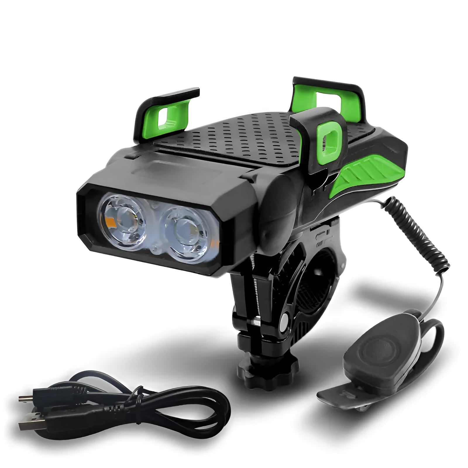 A rechargeable bicycle light shown in one of four colours: black, blue, green, or red, in either single or double lamp style.