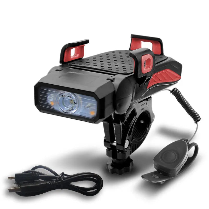 A rechargeable bicycle light shown in one of four colours: black, blue, green, or red, in either single or double lamp style.