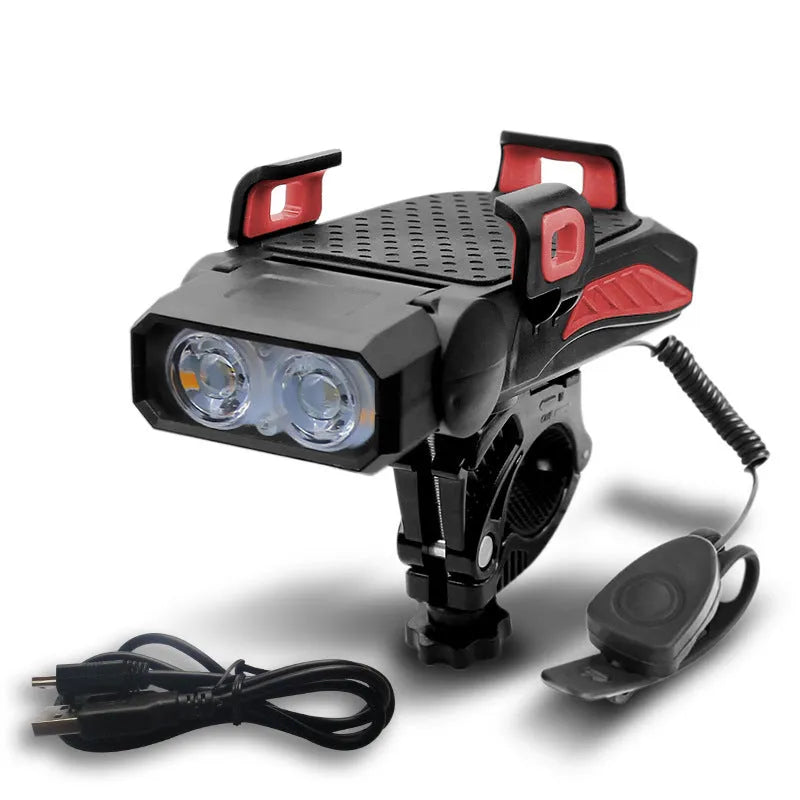 A rechargeable bicycle light shown in one of four colours: black, blue, green, or red, in either single or double lamp style.