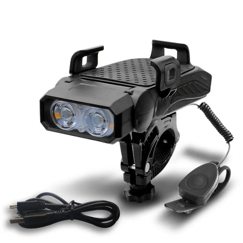 A rechargeable bicycle light shown in one of four colours: black, blue, green, or red, in either single or double lamp style.