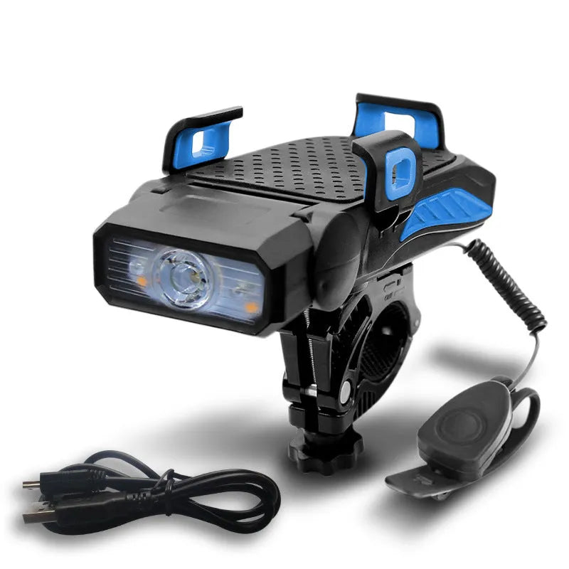 A rechargeable bicycle light shown in one of four colours: black, blue, green, or red, in either single or double lamp style.