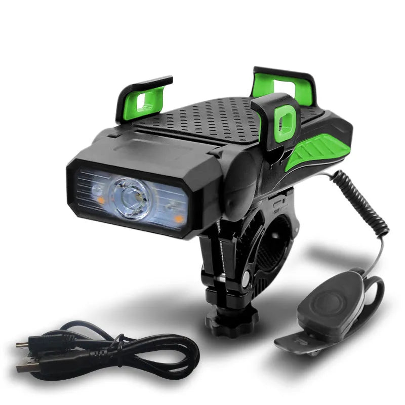 A rechargeable bicycle light shown in one of four colours: black, blue, green, or red, in either single or double lamp style.