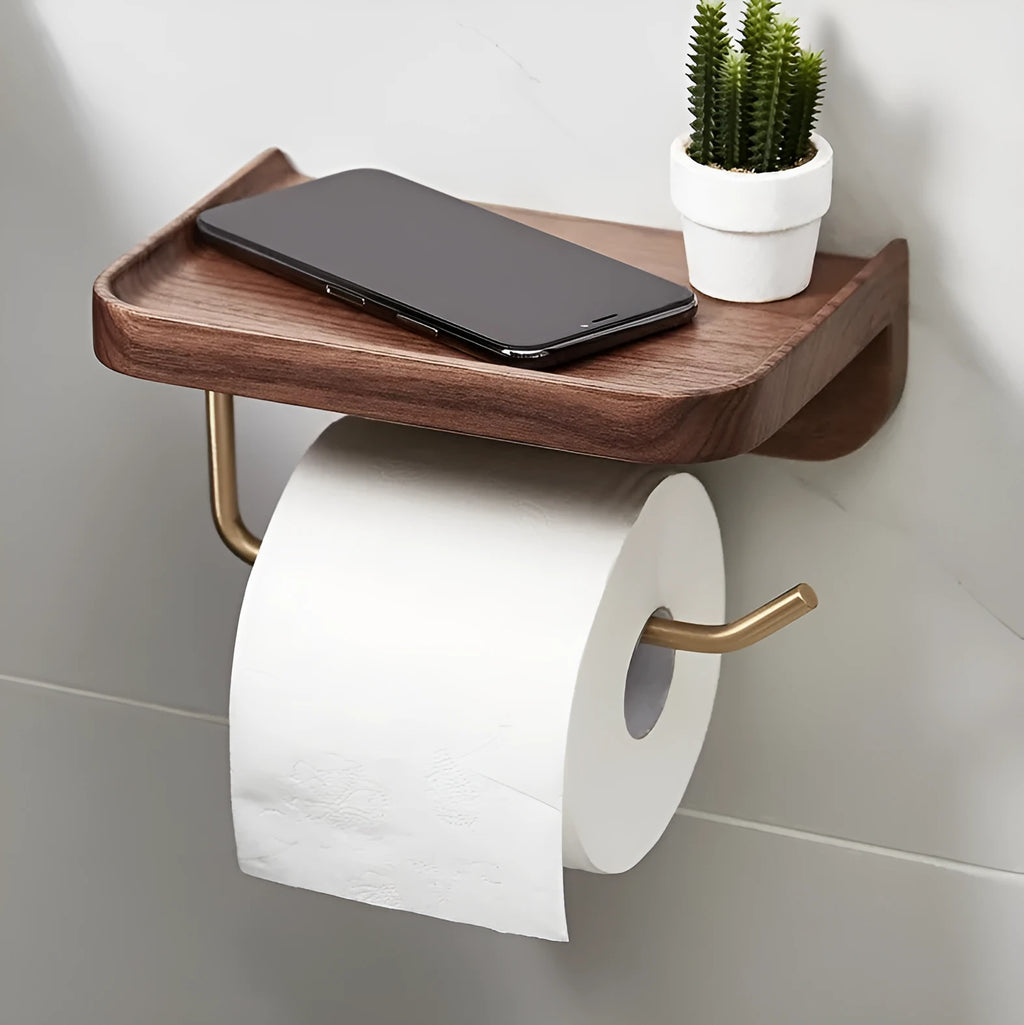 Solid walnut wood wall-mounted paper towel rack with brass fittings measuring 20x13x10cm