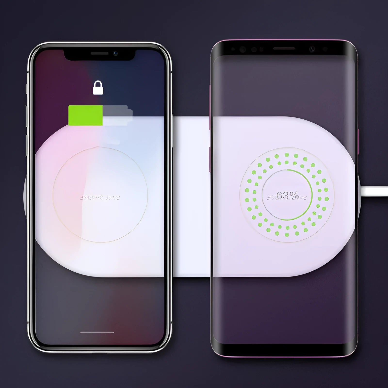 White dual wireless charger for two mobile phones with fast charging capability