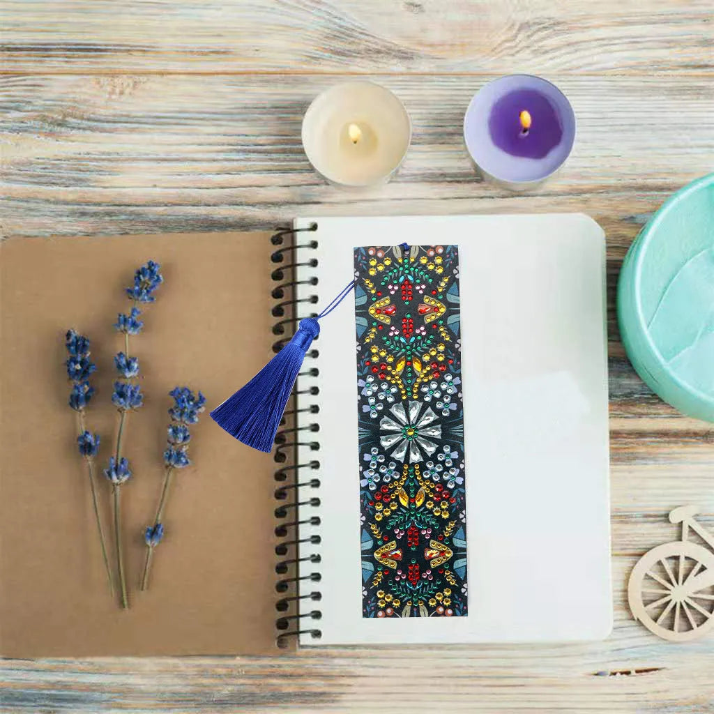Handmade leather bookmark with diamond embroidered mandala flower pattern and special-shaped diamond accents