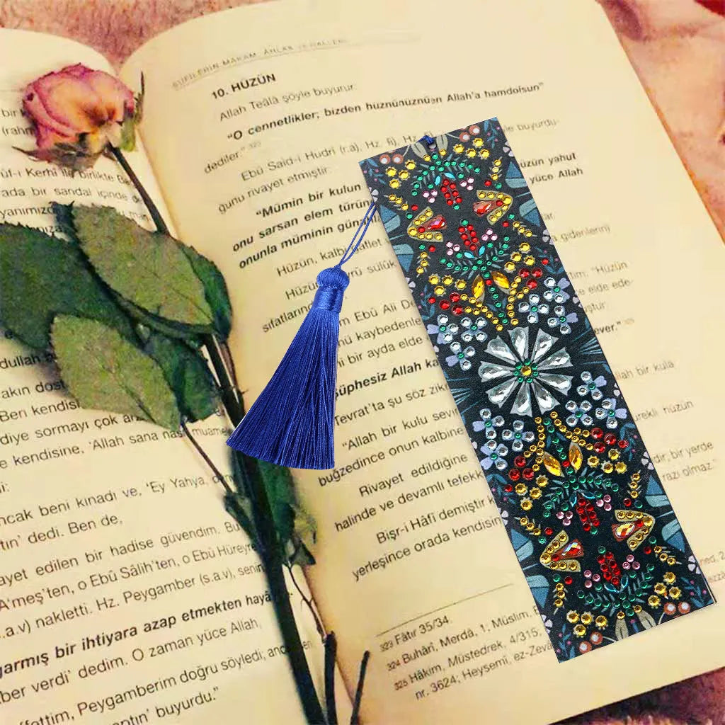 Handmade leather bookmark with diamond embroidered mandala flower pattern and special-shaped diamond accents