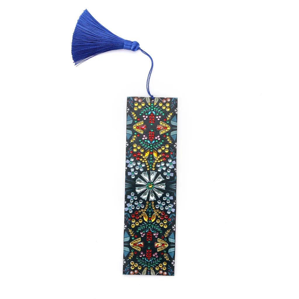 Handmade leather bookmark with diamond embroidered mandala flower pattern and special-shaped diamond accents