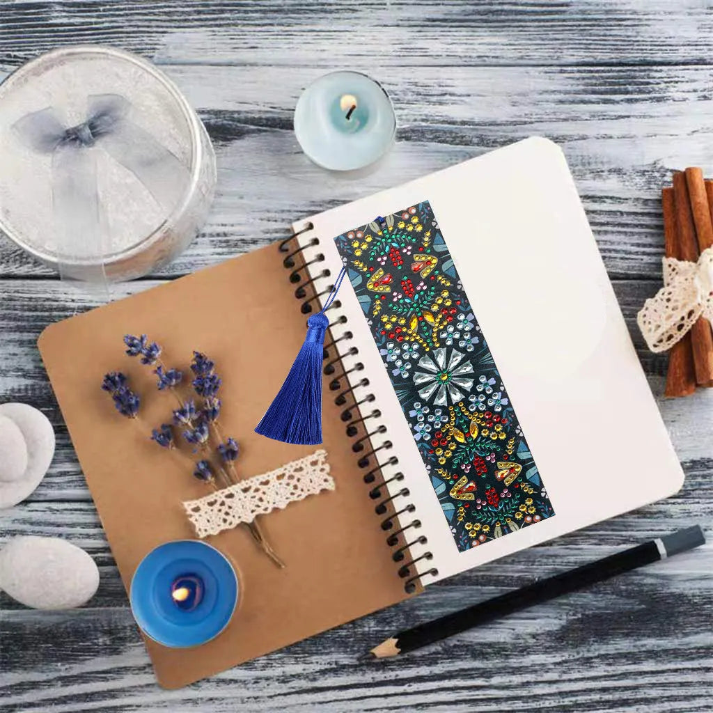 Handmade leather bookmark with diamond embroidered mandala flower pattern and special-shaped diamond accents