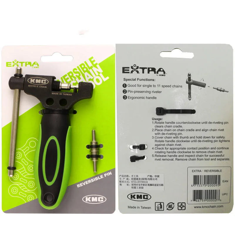 Green bicycle chain tool with double shaft chain breaker mechanism and replacement pins for 0-speed chains