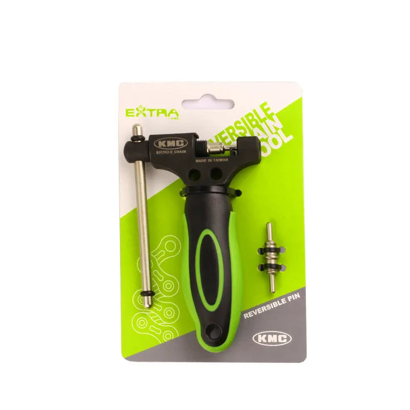 Green bicycle chain tool with double shaft chain breaker mechanism and replacement pins for 0-speed chains