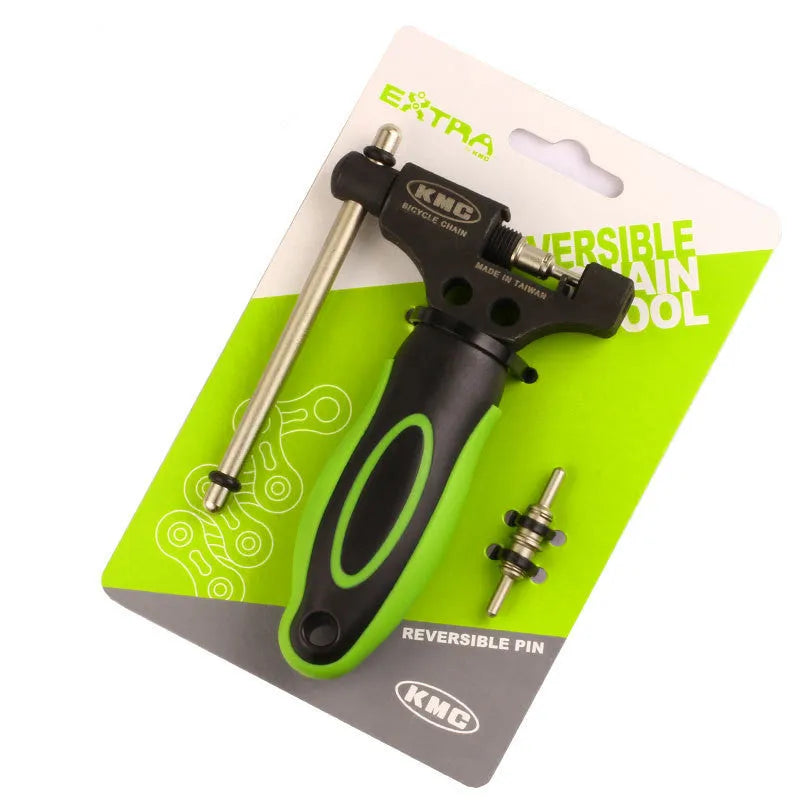 Green bicycle chain tool with double shaft chain breaker mechanism and replacement pins for 0-speed chains