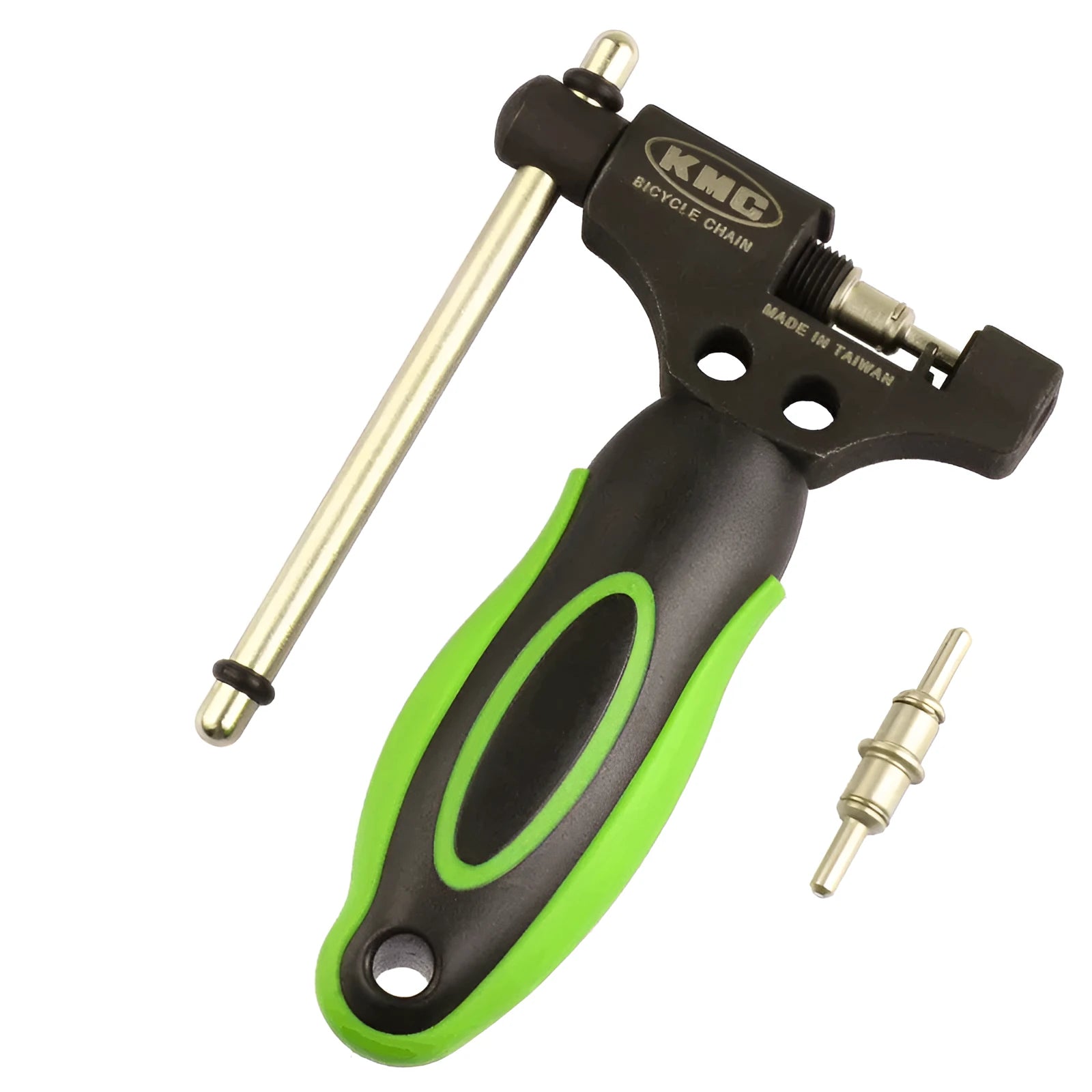 Green bicycle chain tool with double shaft chain breaker mechanism and replacement pins for 0-speed chains