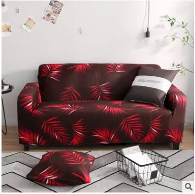 Geometric print polyester sofa slipcover stretched over sofa with matching pillowcase