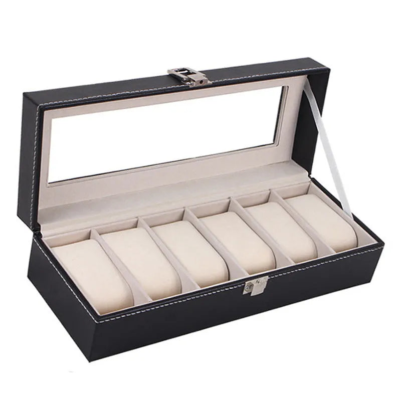 Black wooden watch display box with six watch compartments showing dimensions of 30cm by 11cm by 8cm
