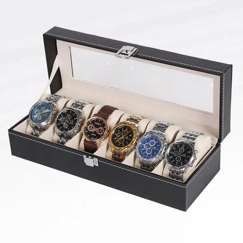 Black wooden watch display box with six watch compartments showing dimensions of 30cm by 11cm by 8cm