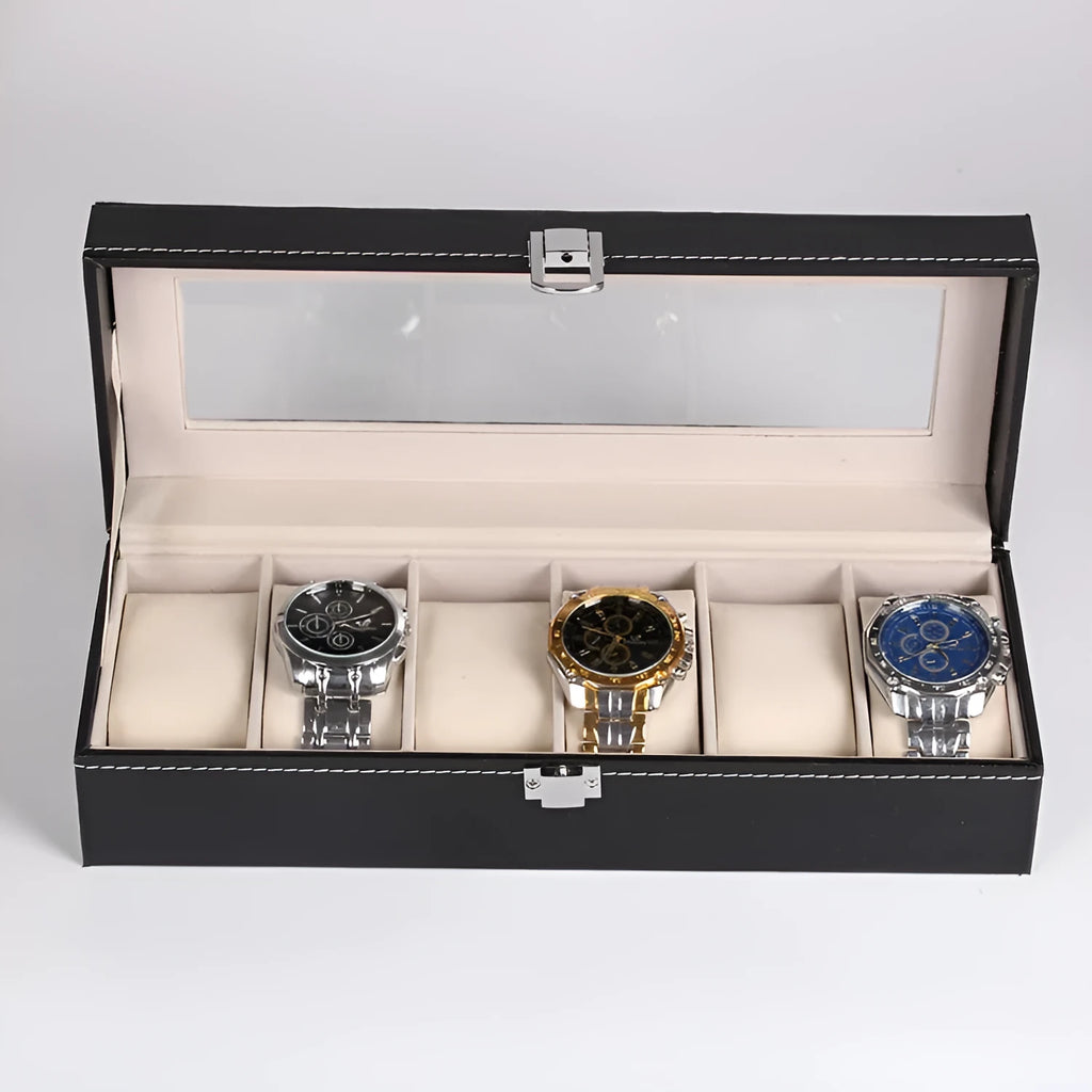 Black wooden watch display box with six watch compartments showing dimensions of 30cm by 11cm by 8cm