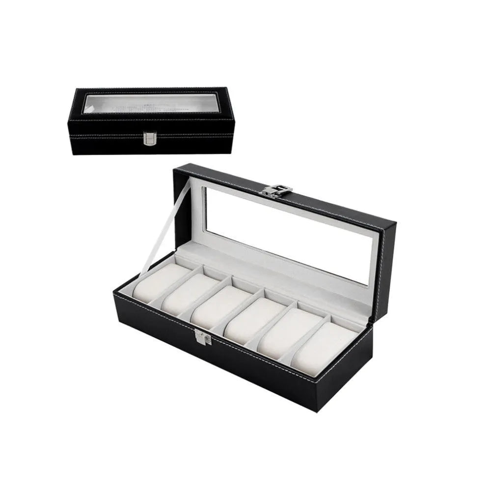 Black wooden watch display box with six watch compartments showing dimensions of 30cm by 11cm by 8cm