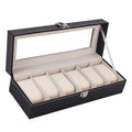 Black wooden watch display box with six watch compartments showing dimensions of 30cm by 11cm by 8cm