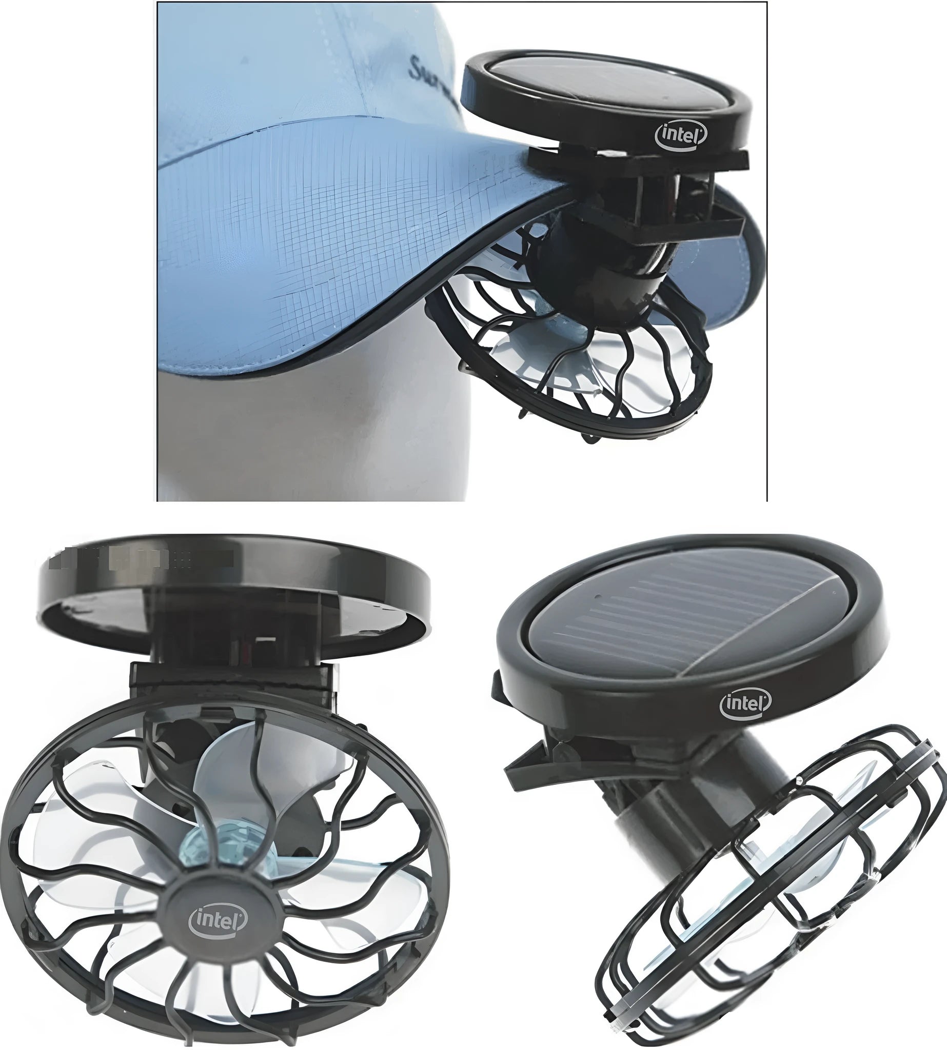Black solar-powered clip-on fan with solar panel for outdoor cooling during camping and travel