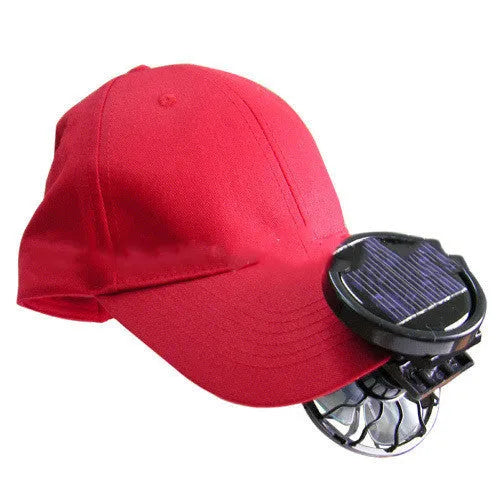 Black solar-powered clip-on fan with solar panel for outdoor cooling during camping and travel