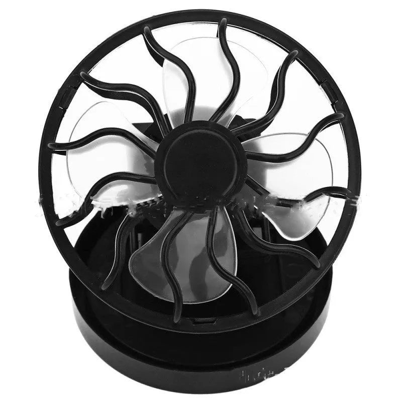 Black solar-powered clip-on fan with solar panel for outdoor cooling during camping and travel
