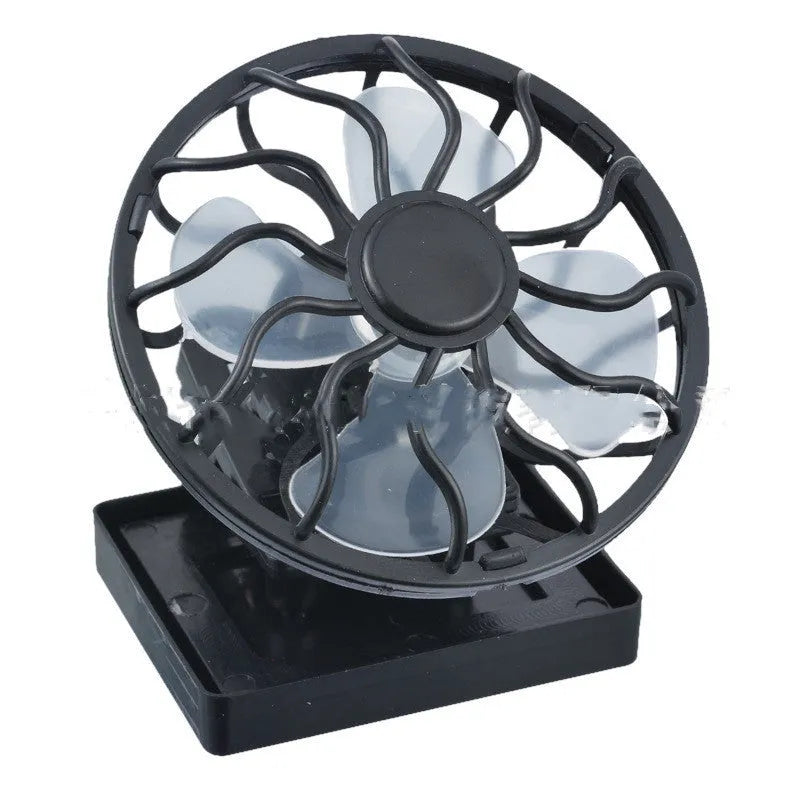 Black solar-powered clip-on fan with solar panel for outdoor cooling during camping and travel
