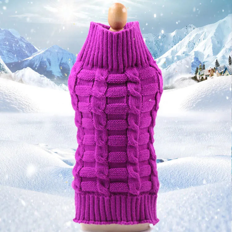 Cashmere twisted rope wool dog sweater shown in multiple colour options with size measurements displayed